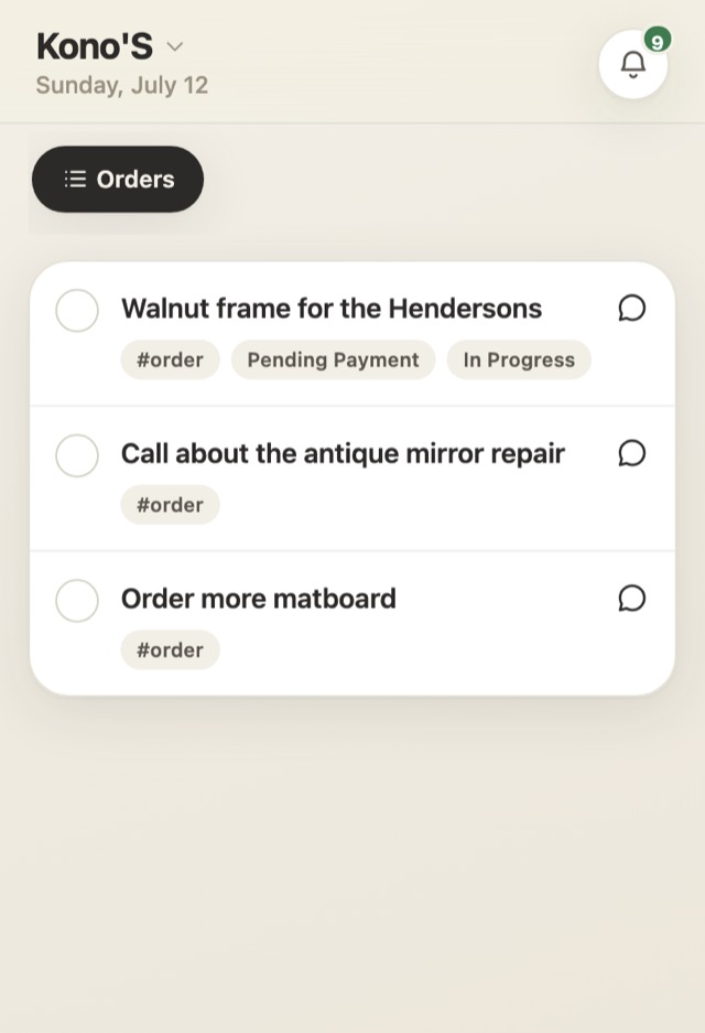 An Orders list showing pickup and payment status